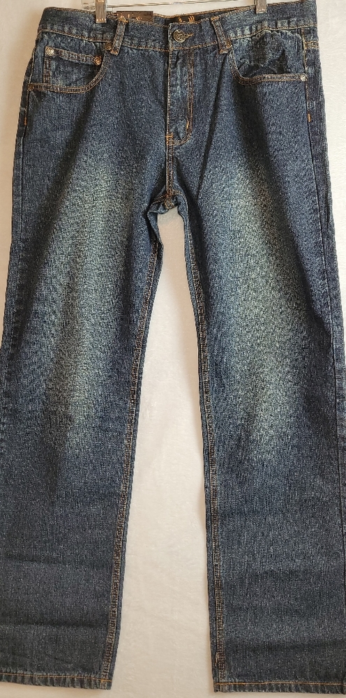 Jean Station Men's Size 36/38 Straight Leg Print/Stud Pockets Blue Detail Jeans
